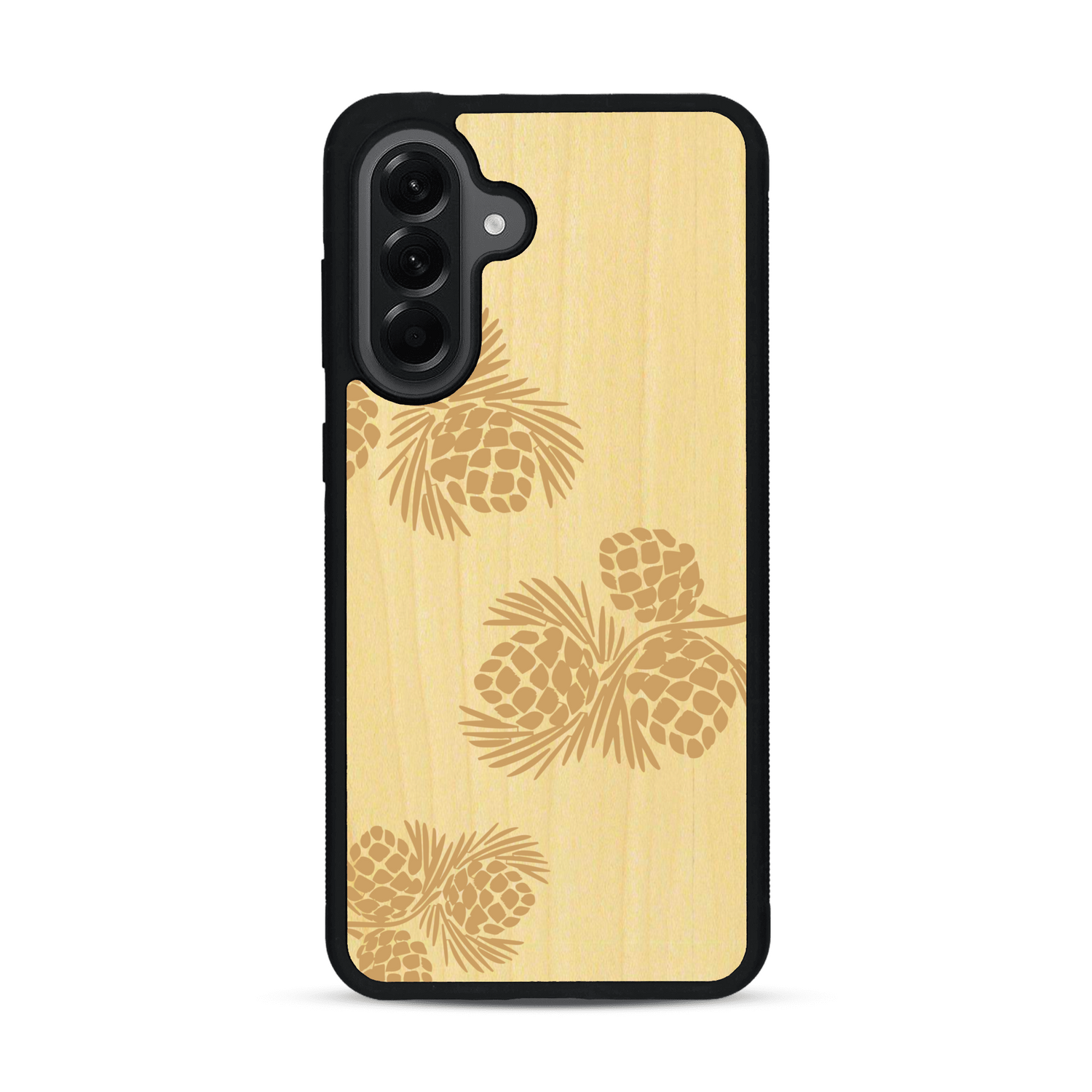 Coque de protection en bois véritable fabriquée en France pour  sur le thème de la nature des arbres avec un motif de gravure représentant des épines de sapin et des pommes de pin