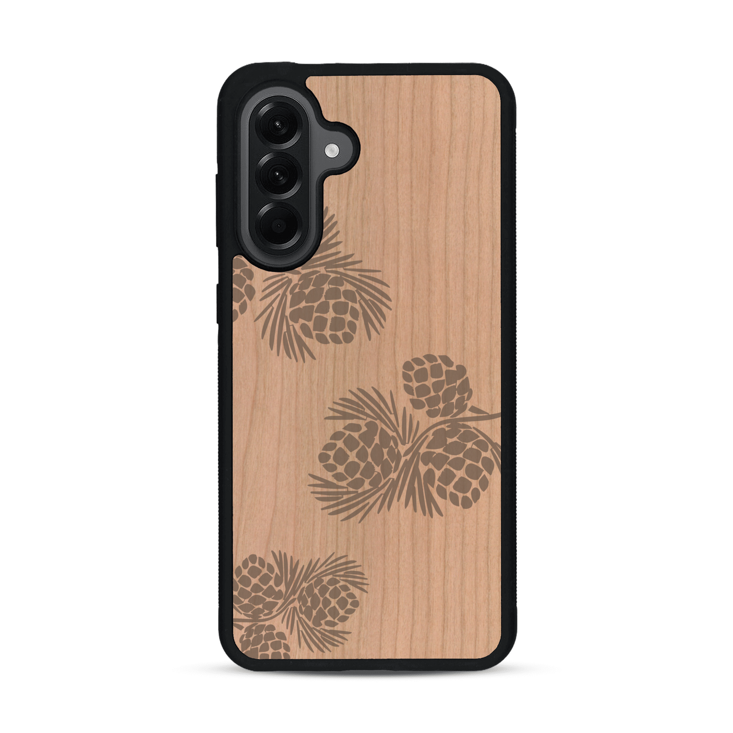 Coque de protection en bois véritable fabriquée en France pour  sur le thème de la nature des arbres avec un motif de gravure représentant des épines de sapin et des pommes de pin
