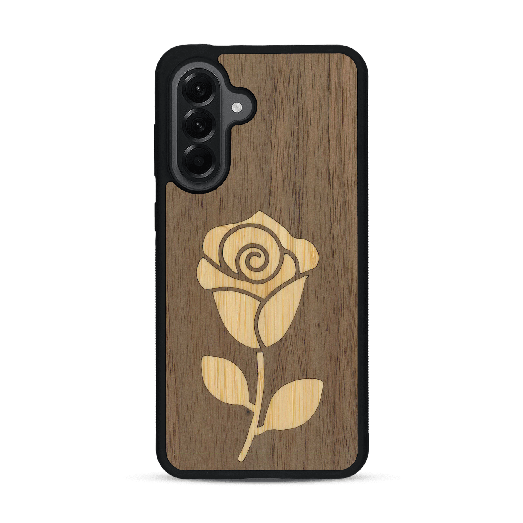 Coque de protection en bois véritable fabriquée en France pour Samsung A56 5G alliant plusieurs essences de bois pour représenter une rose