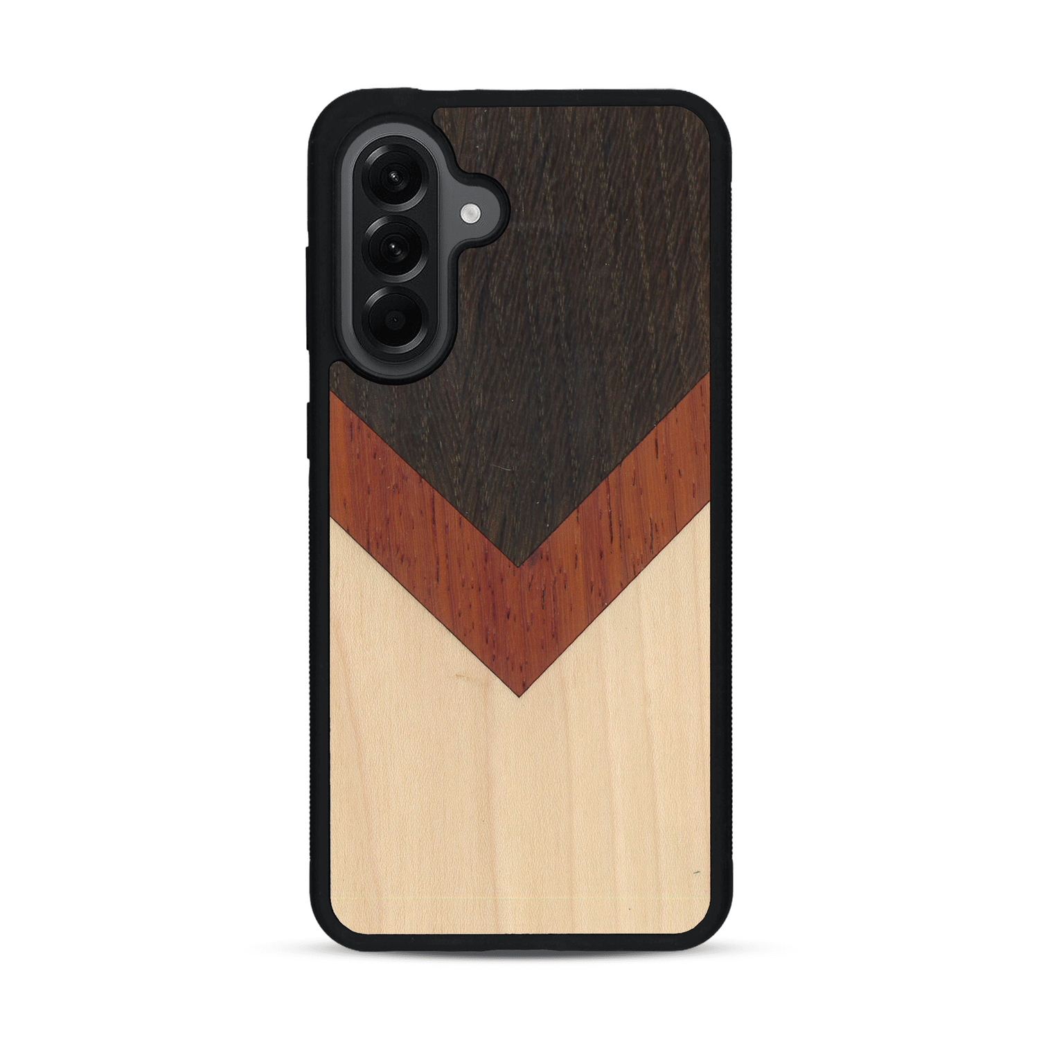 Coque de protection en bois véritable fabriquée en France pour  alliant du chêne fumé, du padouk et du bambou en forme de chevron sur le thème de l'art abstrait