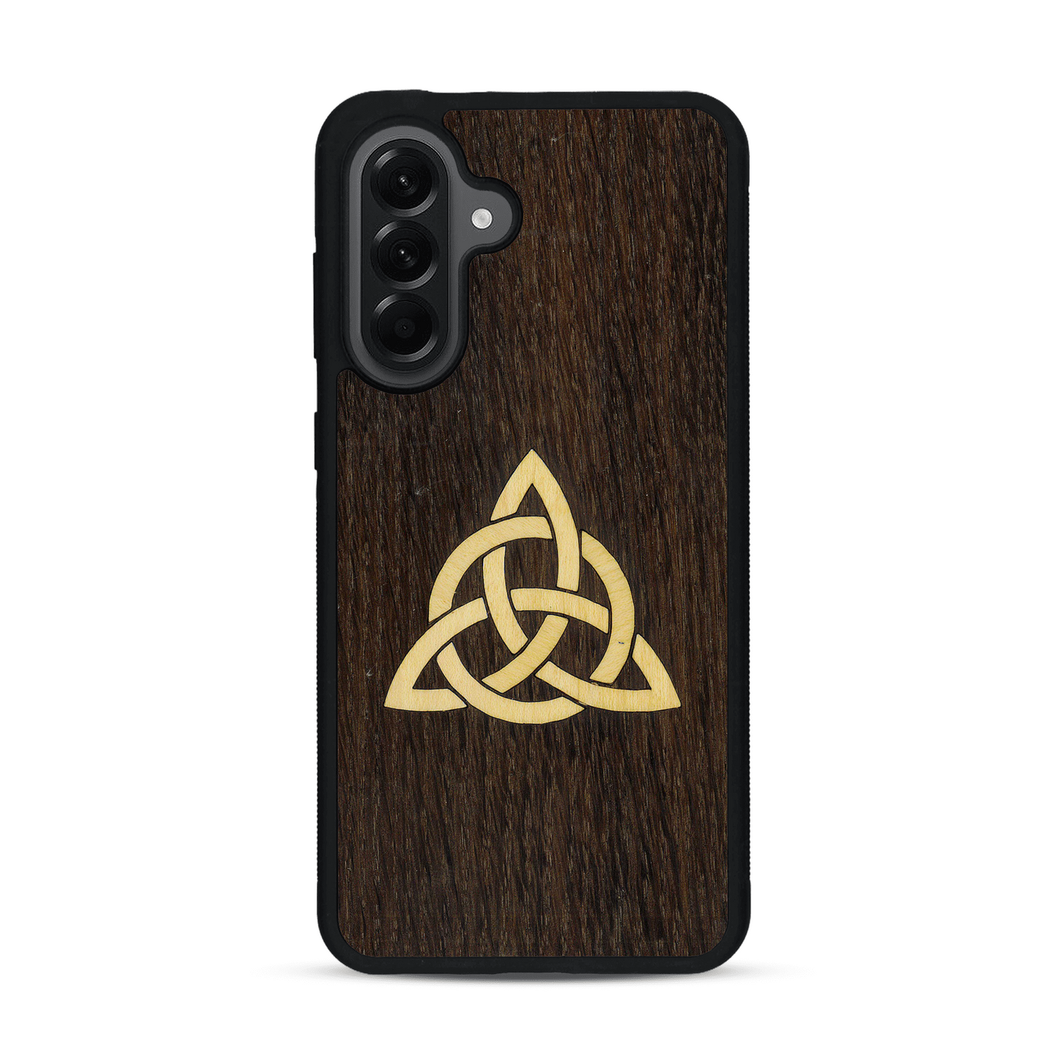 Coque de protection en bois véritable fabriquée en France pour  alliant du chêne fumé et du bambou représentant une triquetra