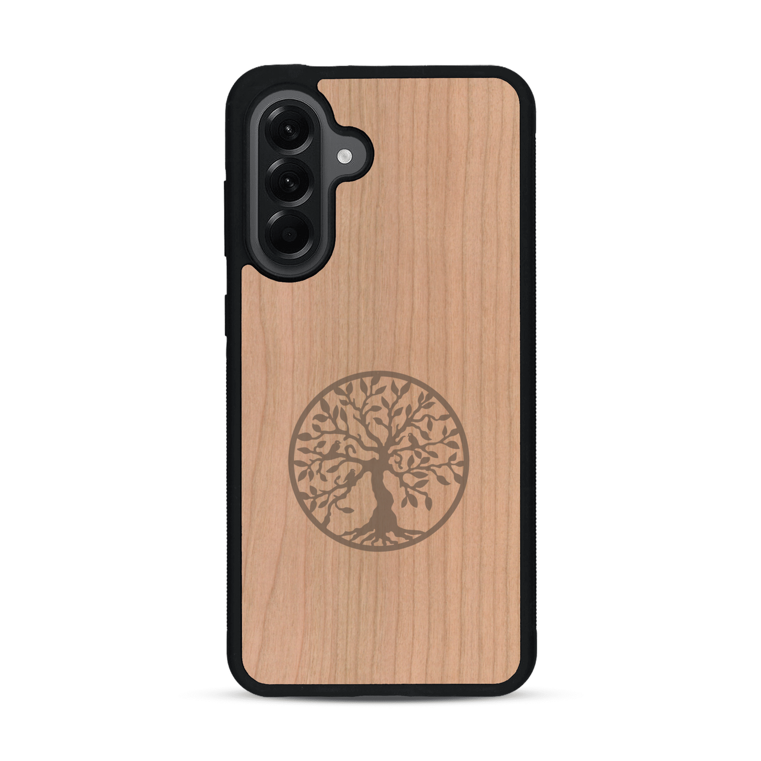 Coque de protection en bois véritable fabriquée en France pour  sur le thème de la spiritualité et du yoga avec une gravure zen représentant un arbre de vie