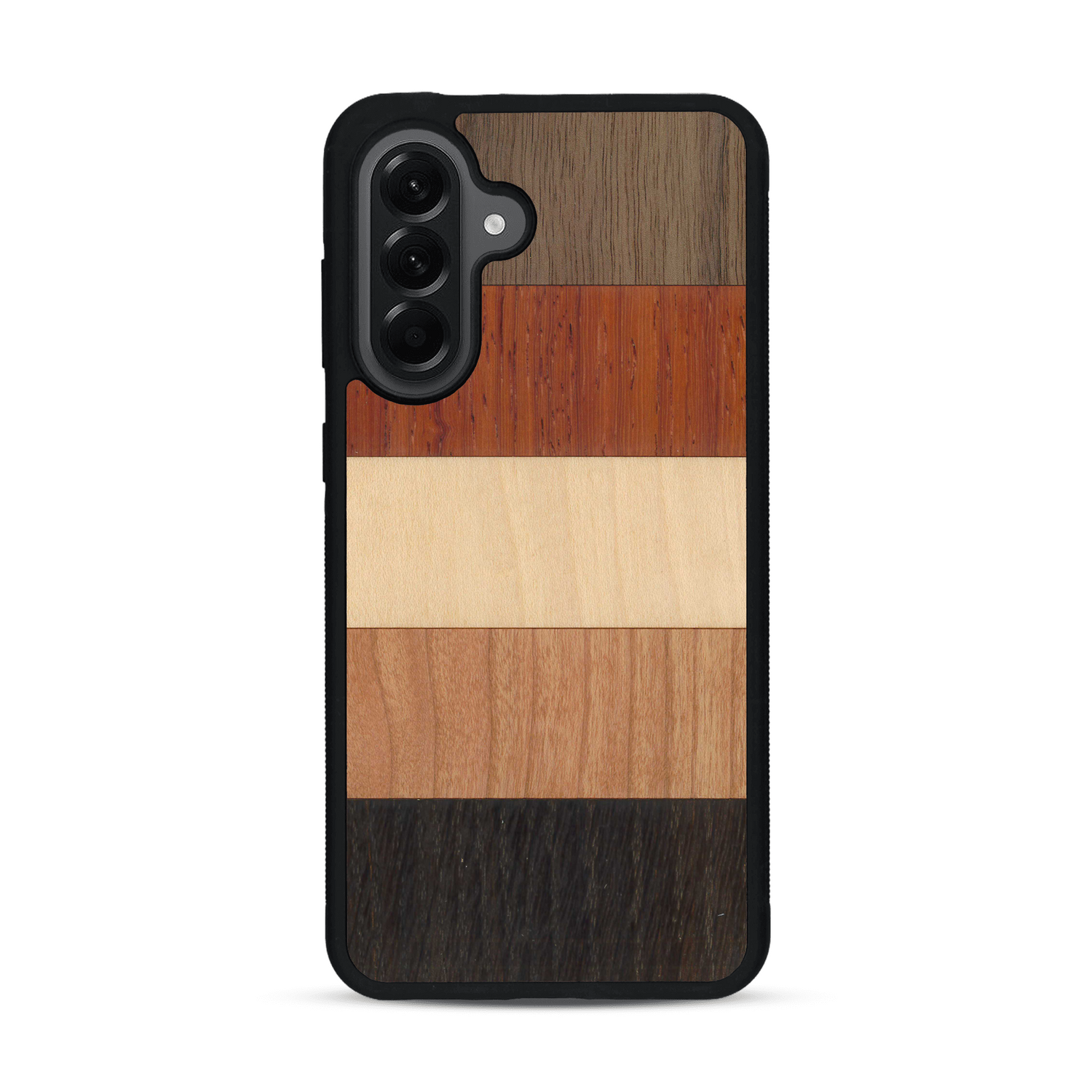 Coque de protection en bois véritable fabriquée en France pour  alliant des bandes horizontales de bambou, merisier, padouk, noyer et chêne fumé