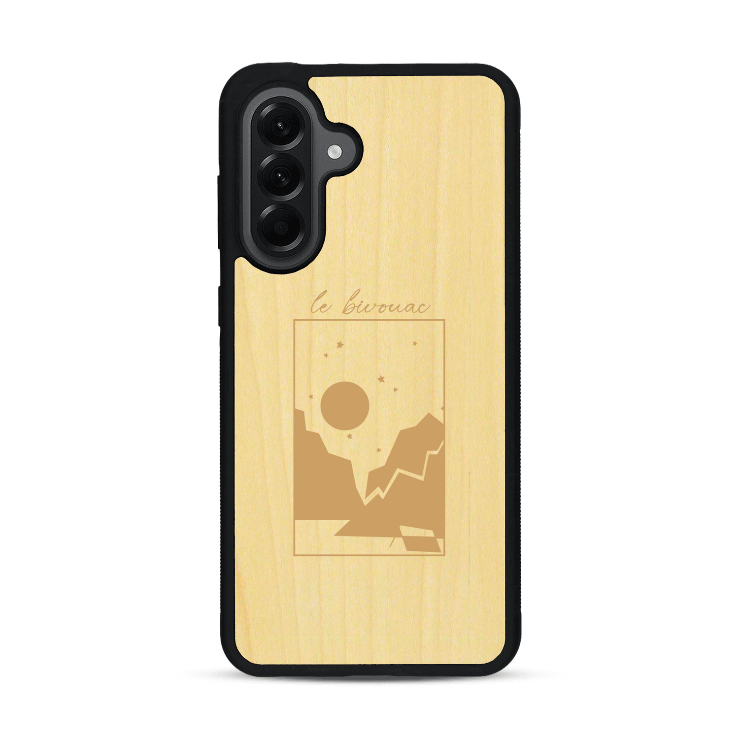 Coque de protection en bois véritable fabriquée en France pour  sur le thème du camping en pleine nature et du bivouac avec la phrase "Aventure is out there"