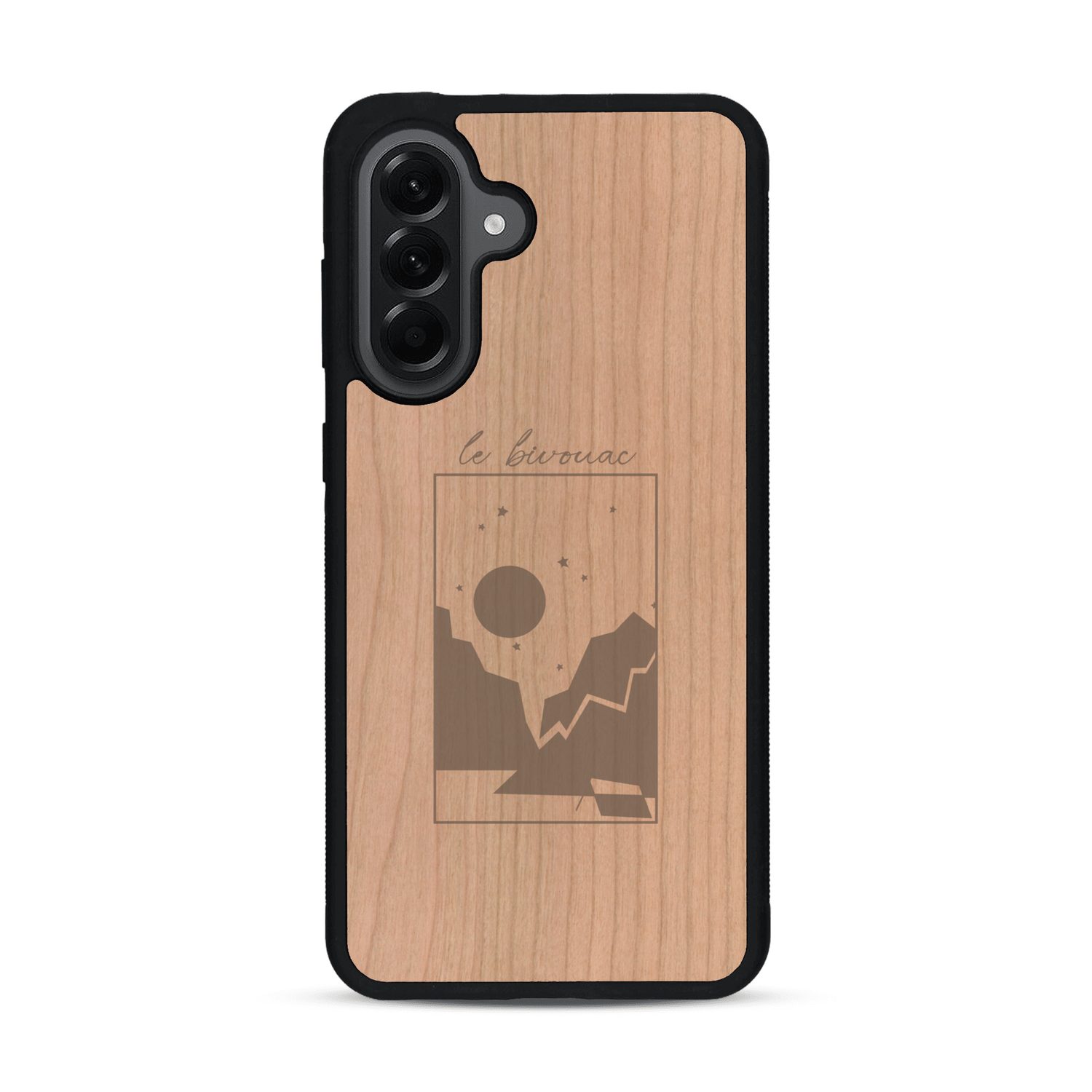 Coque de protection en bois véritable fabriquée en France pour  sur le thème du camping en pleine nature et du bivouac avec la phrase "Aventure is out there"