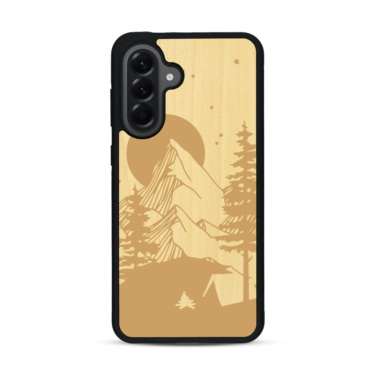 Coque de protection en bois véritable fabriquée en France pour  sur le thème du camping en pleine nature représentant une tente avec un feu de camp entouré de montagnes