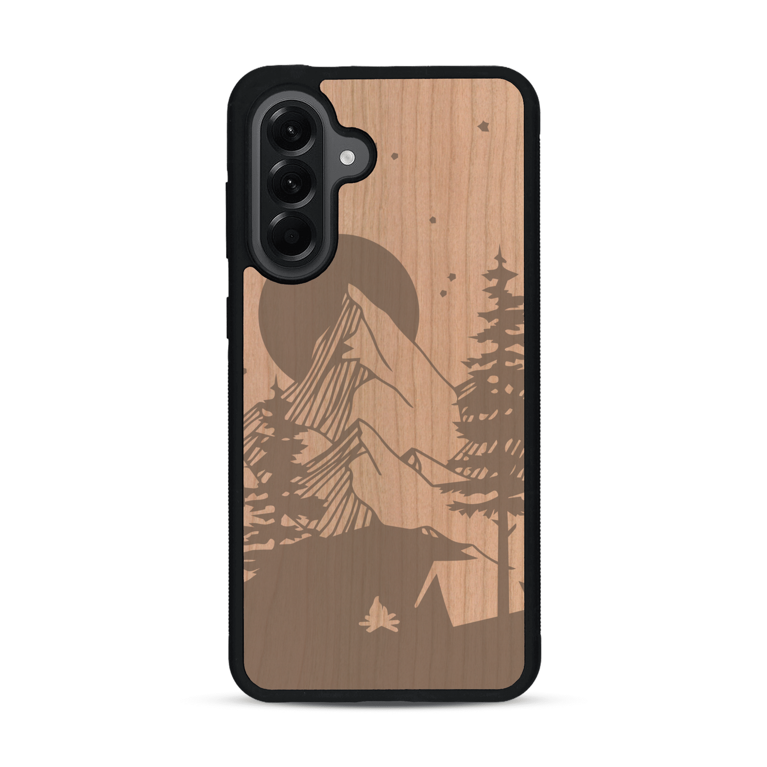 Coque de protection en bois véritable fabriquée en France pour  sur le thème du camping en pleine nature représentant une tente avec un feu de camp entouré de montagnes