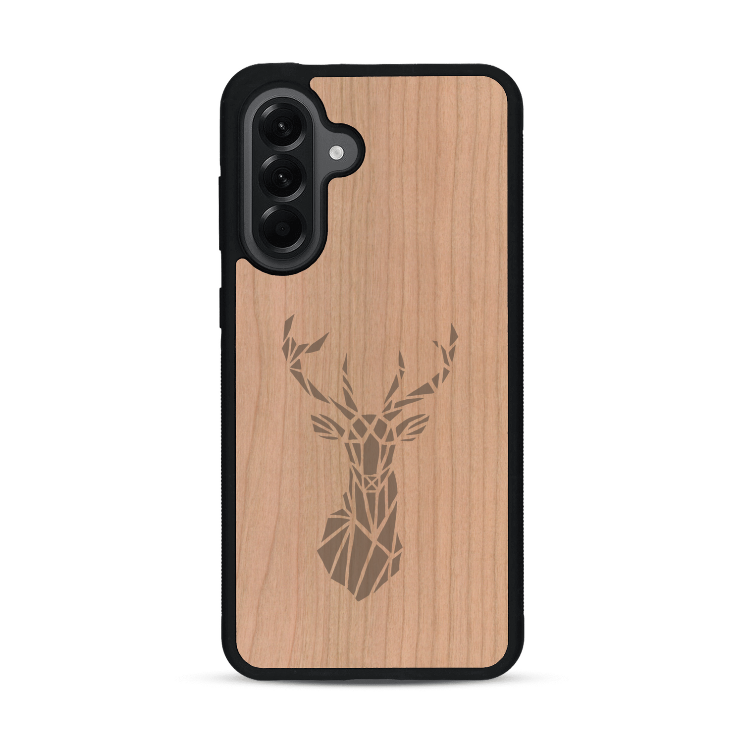 Coque de protection en bois véritable fabriquée en France pour  sur le thème de la nature et des animaux représentant une tête de cerf gométrique avec un design moderne et minimaliste