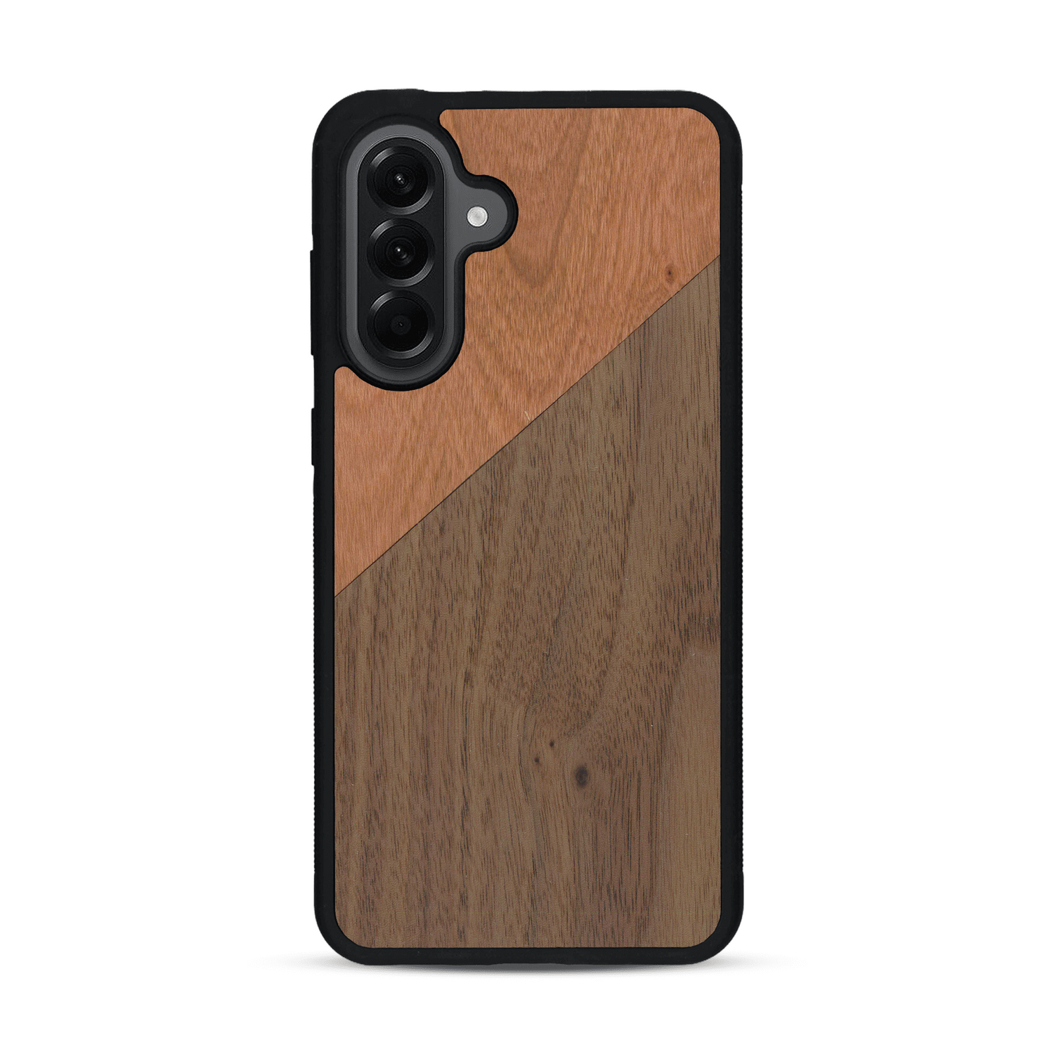 Coque de protection en bois véritable fabriquée en France pour  alliant du merisier et du noyer formant chacun un triangle avec une jointure en diagonale sur le thème de l'art abstrait