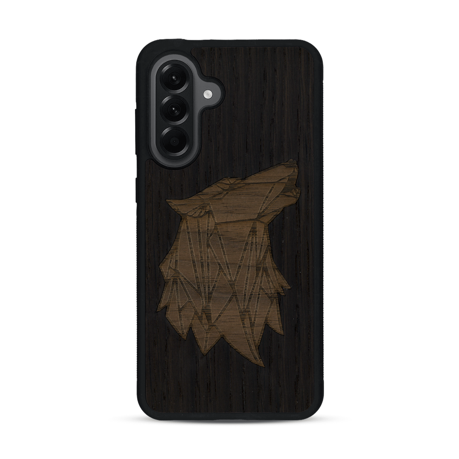 Coque de protection en bois véritable fabriquée en France pour  alliant du chêne fumé et du noyer représentant une tête de loup géométrique de profil sur le thème des animaux et de la nature