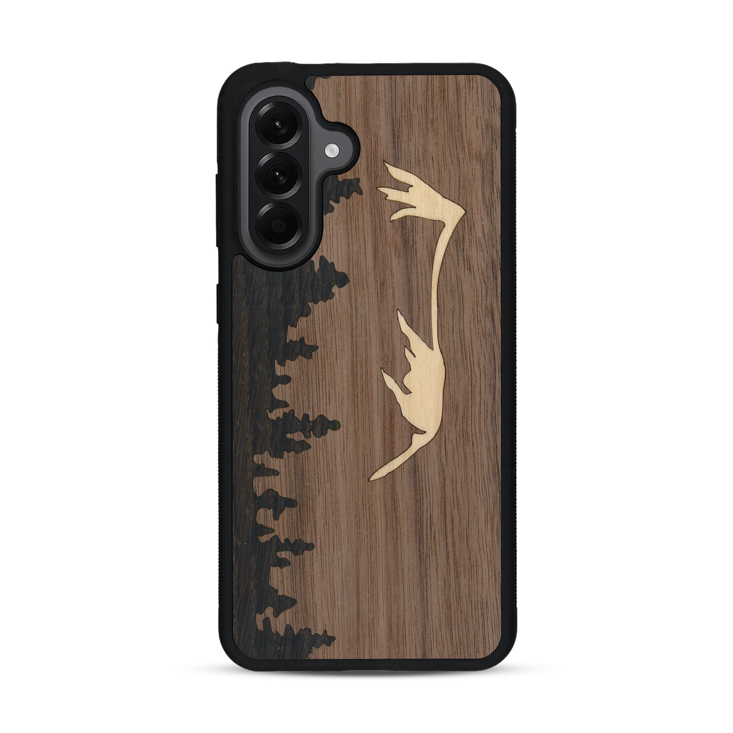 Coque de protection en bois véritable fabriquée en France pour  sur le thème de la nature et de la montagne qui allie du chêne fumé, du noyer et du bambou représentant le mont mézenc