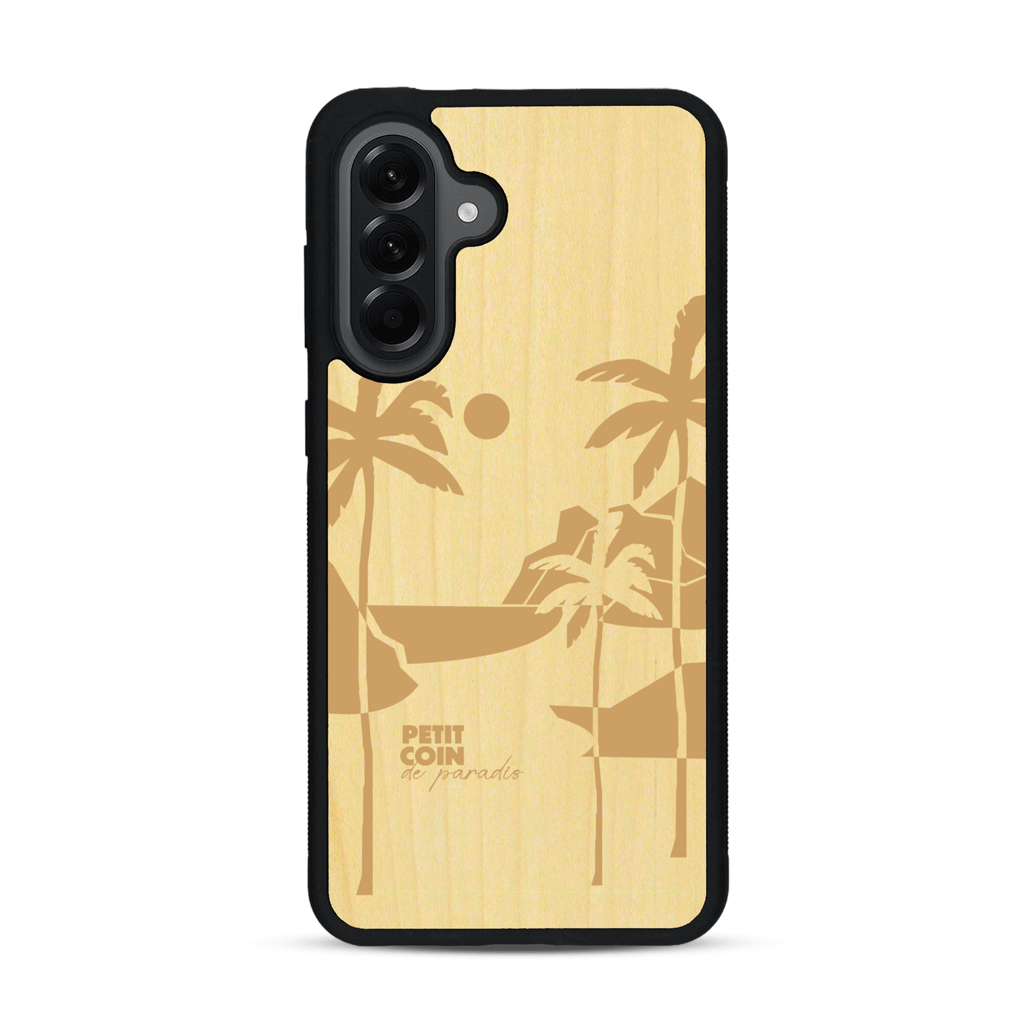 Coque de protection en bois véritable fabriquée en France pour  sur le thème des voyages en vans, vanlife et chill avec une gravure représentant un van vw combi devant le soleil couchant sur une plage avec des vagues