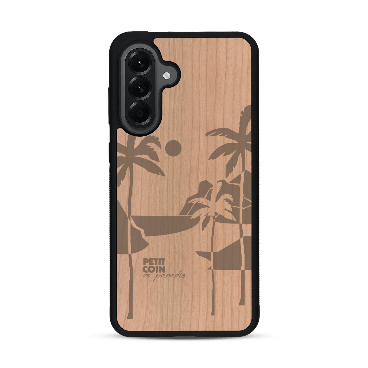 Coque de protection en bois véritable fabriquée en France pour  sur le thème des voyages en vans, vanlife et chill avec une gravure représentant un van vw combi devant le soleil couchant sur une plage avec des vagues