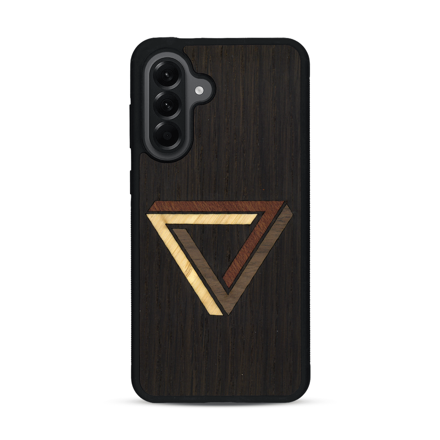 Coque de protection en bois véritable fabriquée en France pour  sur le thème de l'art géométrique qui allie du chêne fumé, du noyer, du bambou et du padouk représentant le triangle de penrose