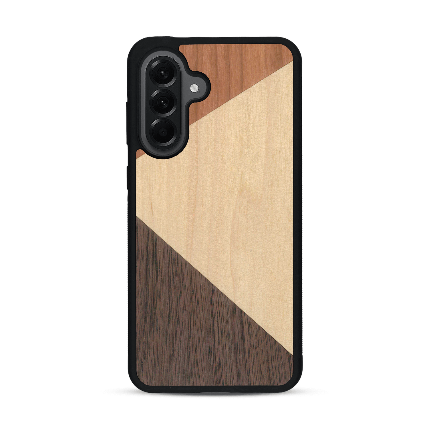 Coque de protection en bois véritable fabriquée en France pour  alliant du merisier, du noyer et du bambou formant chacun deux triangles et un trapèze avec deux jointures en diagonale sur le thème de l'art abstrait