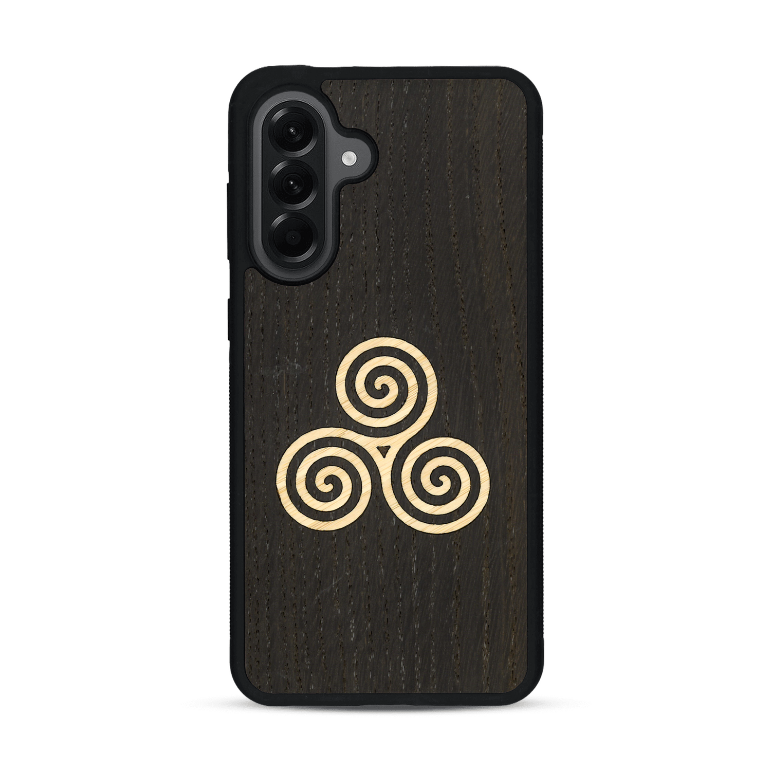 Coque de protection en bois véritable fabriquée en France pour  alliant du chêne fumé et du bambou et doré représentant un triskell