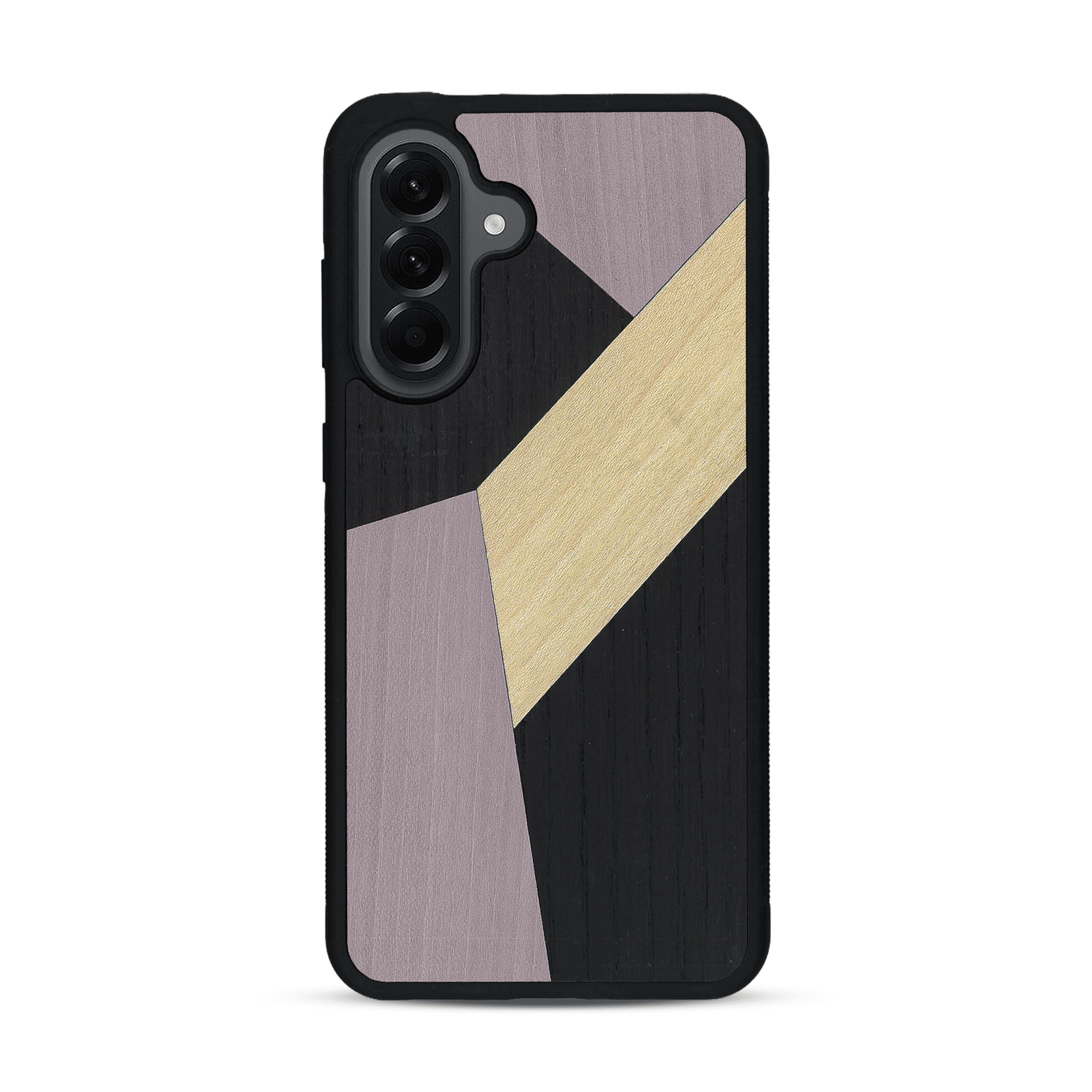 Coque de protection en bois véritable fabriquée en France pour  alliant du bambou, du tulipier mauve et noir en forme de mosaïque minimaliste sur le thème de l'art abstrait
