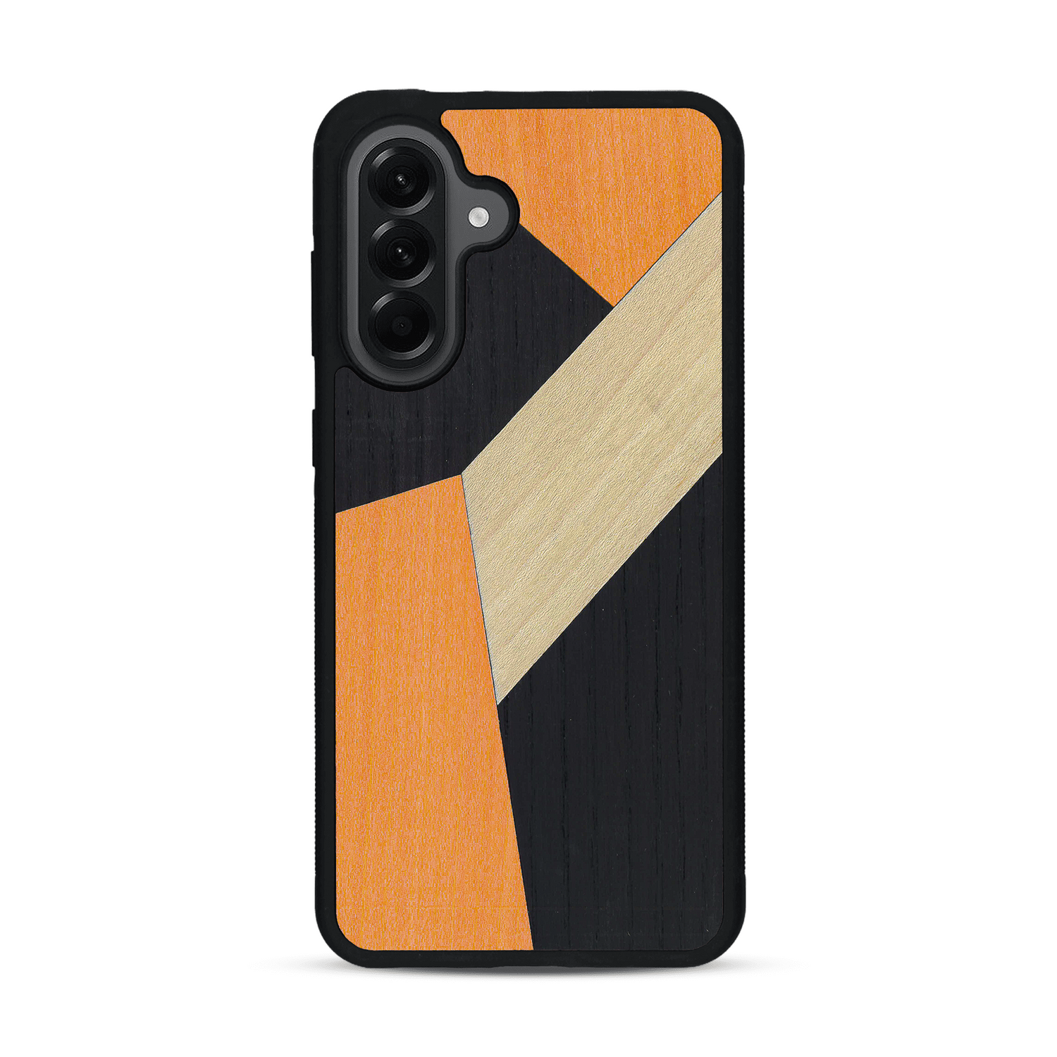 Coque de protection en bois véritable fabriquée en France pour  alliant du bambou, du tulipier orange et noir en forme de mosaïque minimaliste sur le thème de l'art abstrait