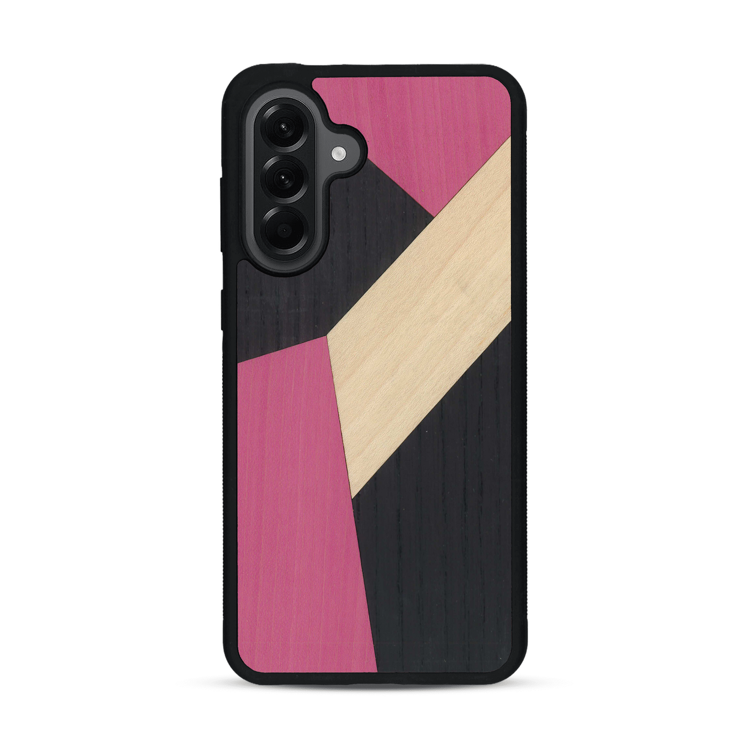 Coque de protection en bois véritable fabriquée en France pour  alliant du bambou, du tulipier rose et noir en forme de mosaïque minimaliste sur le thème de l'art abstrait