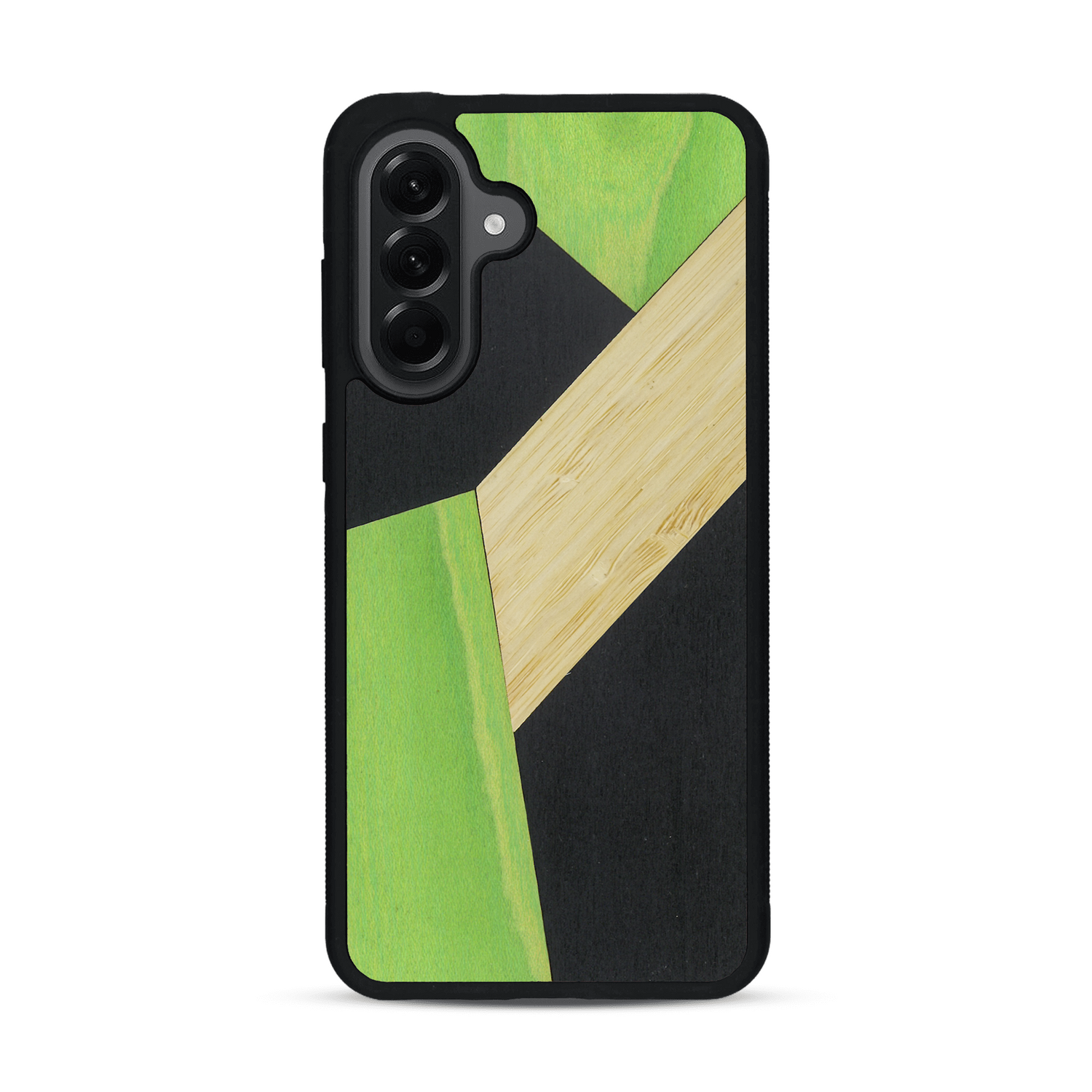 Coque de protection en bois véritable fabriquée en France pour  alliant du bambou, du tulipier vert et noir en forme de mosaïque minimaliste sur le thème de l'art abstrait