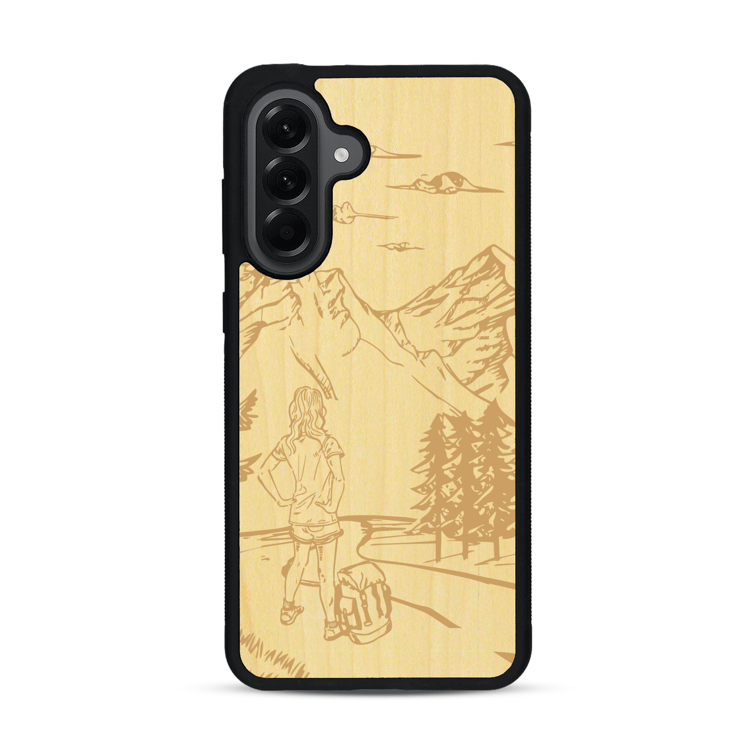 Coque de protection en bois véritable fabriquée en France pour  sur le thème de la randonnée en montagne et de l'aventure avec une gravure représentant une femme de dos face à un paysage de nature