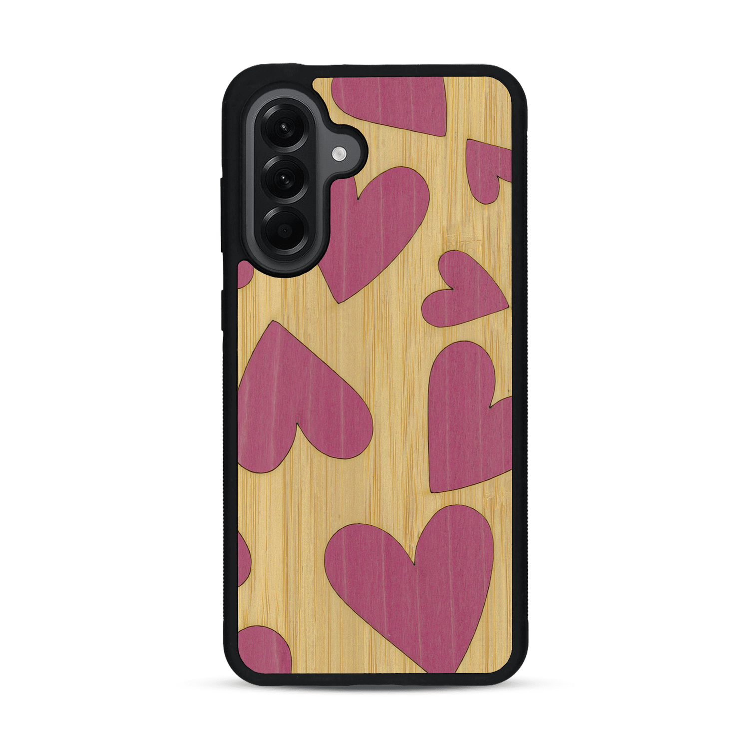 Coque de protection en bois véritable fabriquée en France pour  alliant plusieurs essences de bois pour représenter des coeurs pour les amoureux