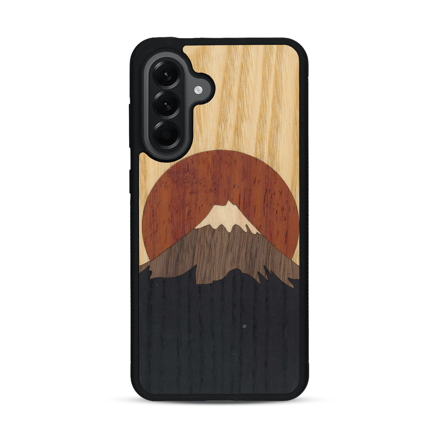 Coque de protection en bois véritable fabriquée en France pour  alliant plusieurs essences de bois pour représenter le mont Fuji