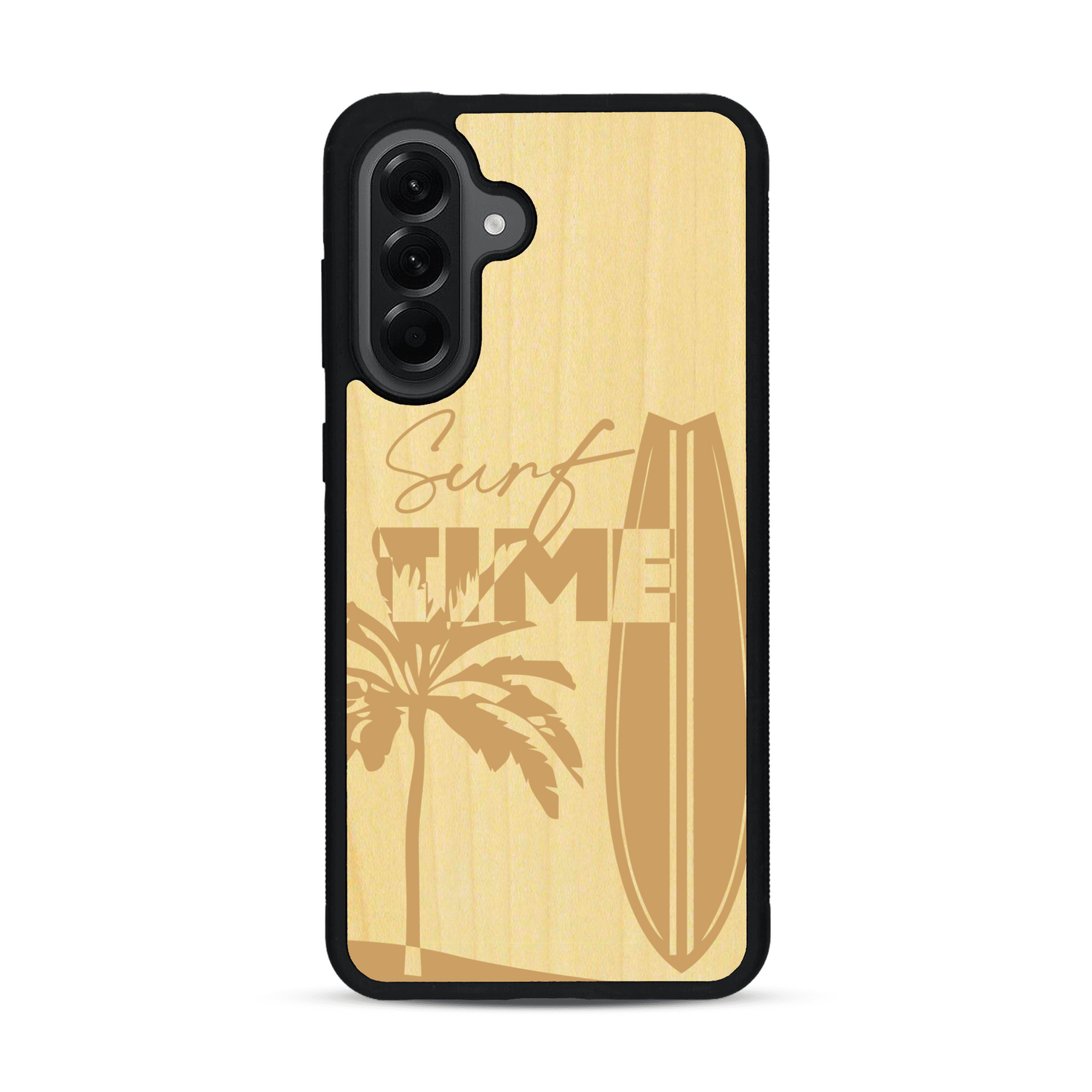 Coque de protection en bois véritable fabriquée en France pour  sur le thème chill avec un motif représentant une silouhette tenant une planche de surf sur une plage entouré de palmiers et les mots "Surf Time Long Beach Miami"