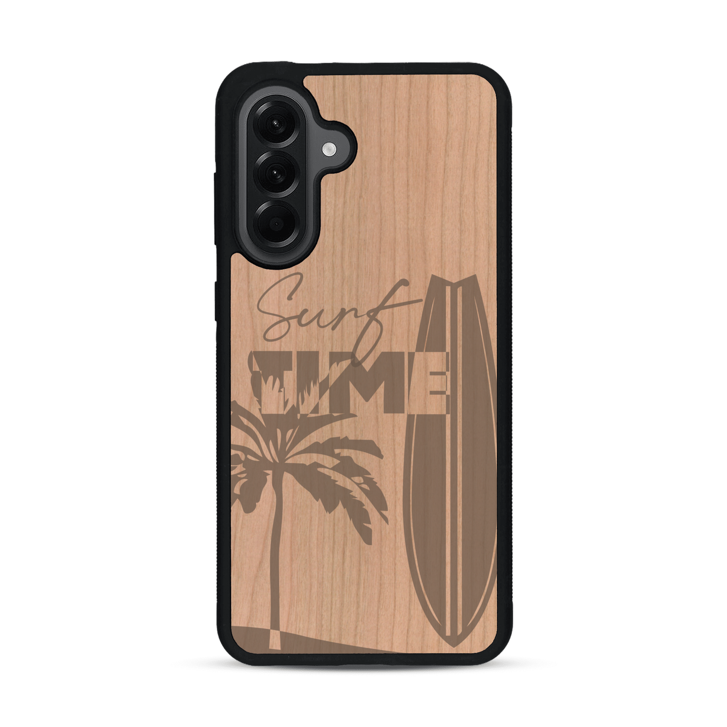 Coque de protection en bois véritable fabriquée en France pour  sur le thème chill avec un motif représentant une silouhette tenant une planche de surf sur une plage entouré de palmiers et les mots "Surf Time Long Beach Miami"