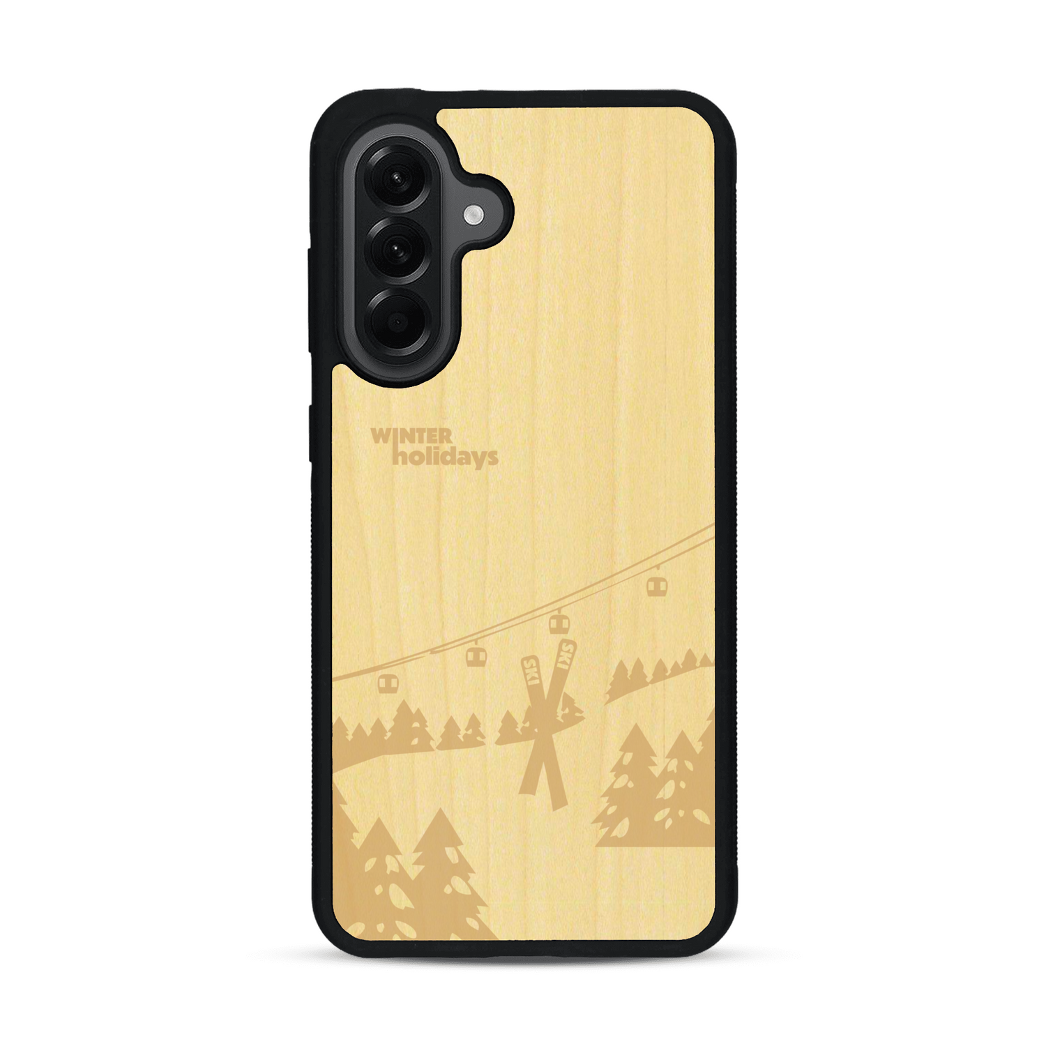 Coque de protection en bois véritable fabriquée en France pour  sur le thème de la montagne, du ski et de la neige avec un motif représentant une paire de ski plantée dans la neige avec en fond des montagnes enneigées