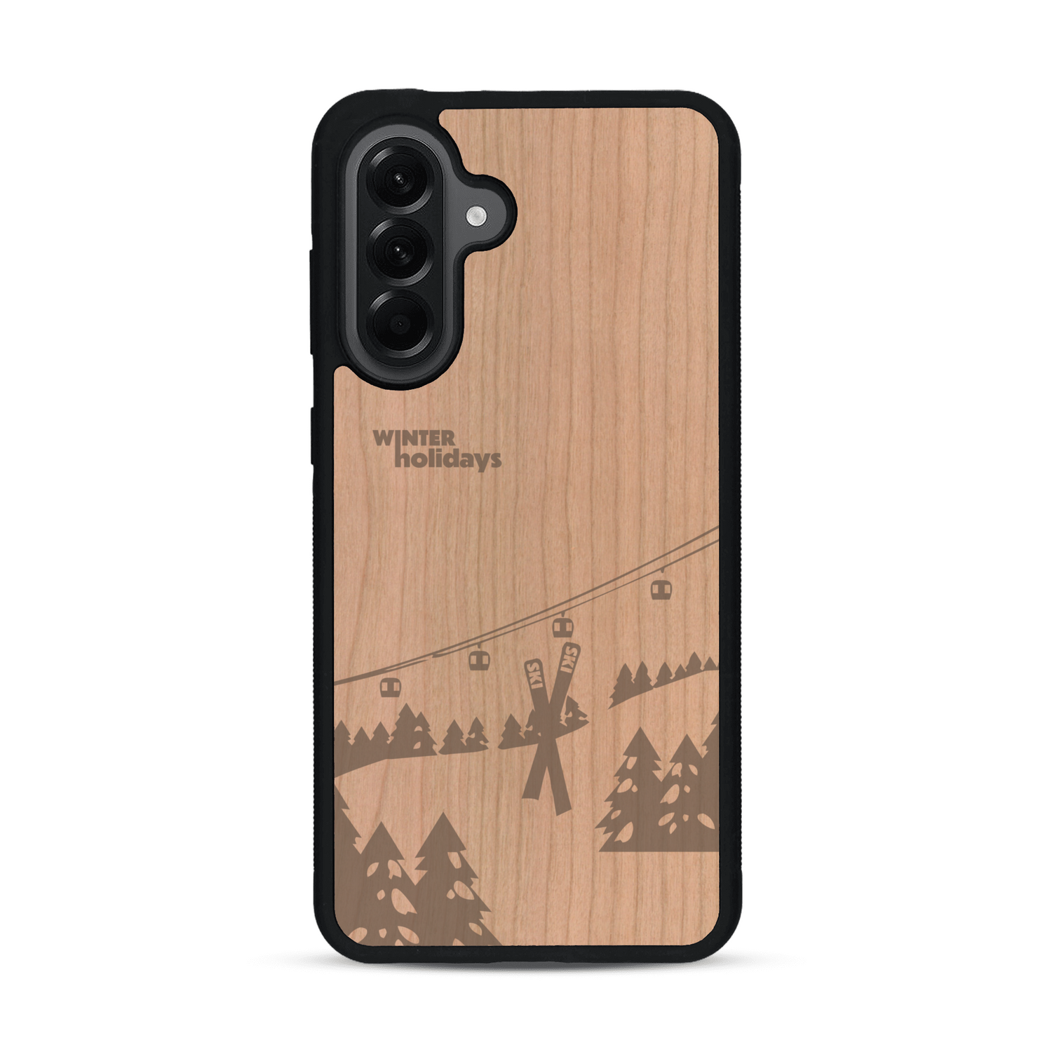 Coque de protection en bois véritable fabriquée en France pour  sur le thème de la montagne, du ski et de la neige avec un motif représentant une paire de ski plantée dans la neige avec en fond des montagnes enneigées