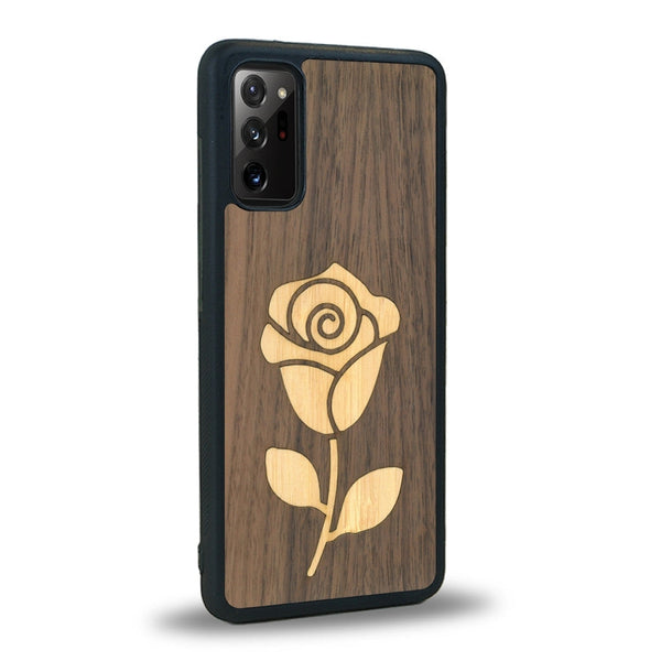 Coque de protection en bois véritable fabriquée en France pour Samsung Note 20 alliant plusieurs essences de bois pour représenter une rose