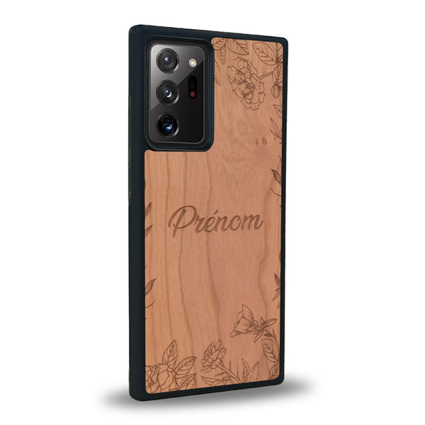 Coque de protection en bois véritable fabriquée en France pour Samsung Note 20+ sur le thème de la fête des mères avec un motif représentant des fleurs et des feuilles