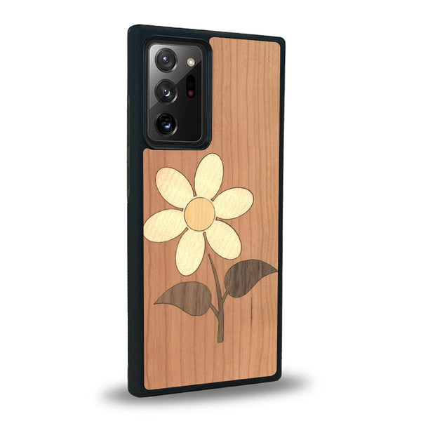 Coque de protection en bois véritable fabriquée en France pour Samsung Note 20+ alliant plusieurs essences de bois pour représenter une marguerite