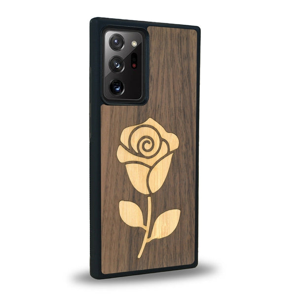 Coque de protection en bois véritable fabriquée en France pour Samsung Note 20+ alliant plusieurs essences de bois pour représenter une rose