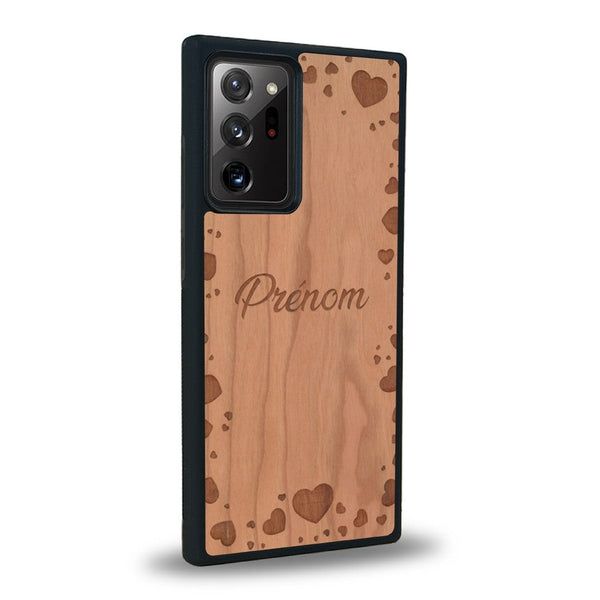 Coque de protection en bois véritable fabriquée en France pour Samsung Note 20+ sur le thème de la fête des mères avec un motif représentant des coeurs et des feuilles
