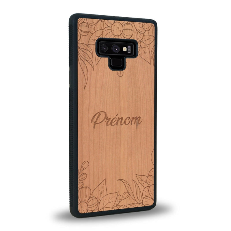 Coque de protection en bois véritable fabriquée en France pour Samsung Note 9 sur le thème de la fête des mères avec un motif représentant des fleurs et des feuilles