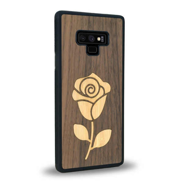 Coque de protection en bois véritable fabriquée en France pour Samsung Note 9 alliant plusieurs essences de bois pour représenter une rose