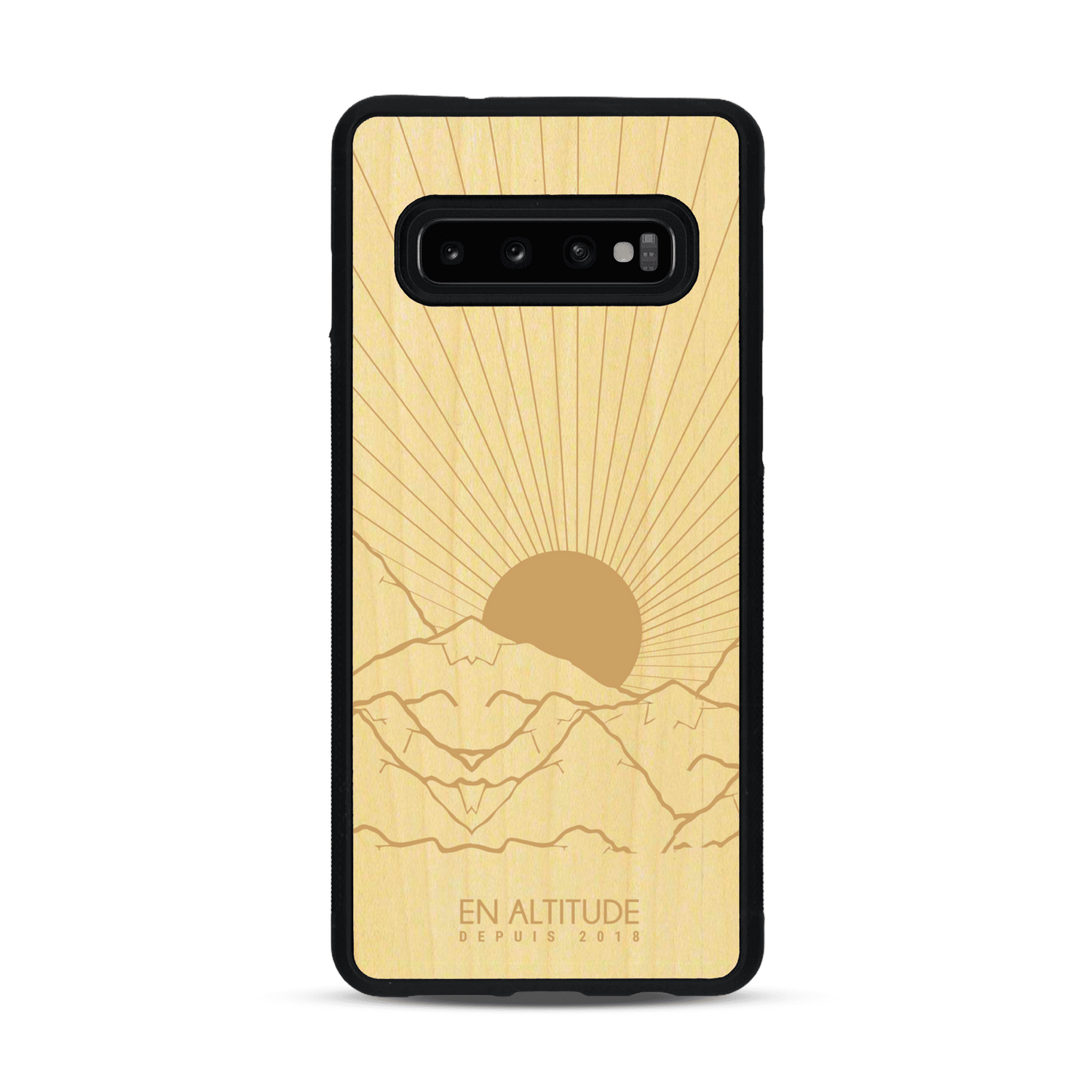 Coque de protection en bois véritable fabriquée en France pour  représentant des montagnes, sur le thème de la randonnée en pleine nature et du trail