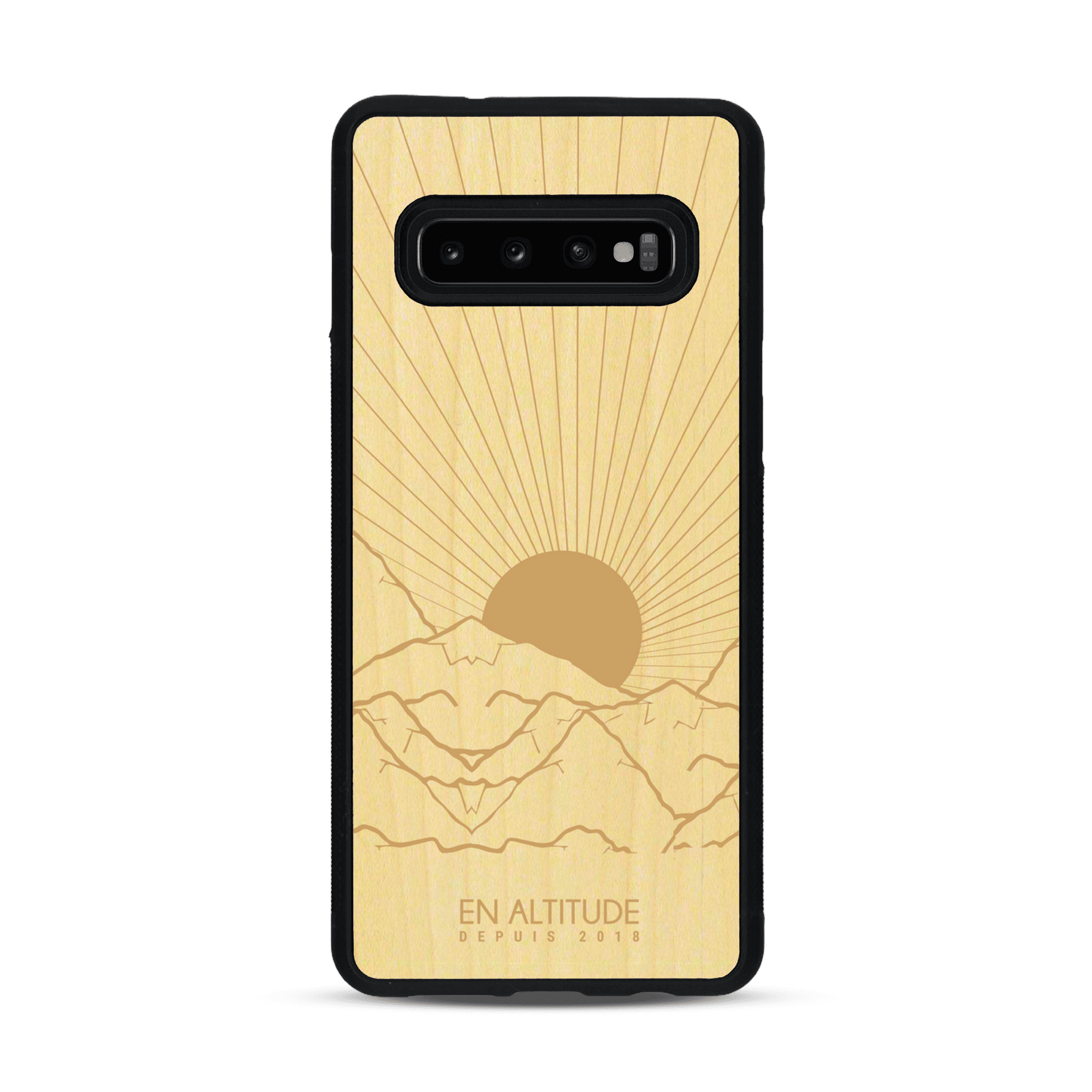 Coque de protection en bois véritable fabriquée en France pour  représentant des montagnes, sur le thème de la randonnée en pleine nature et du trail