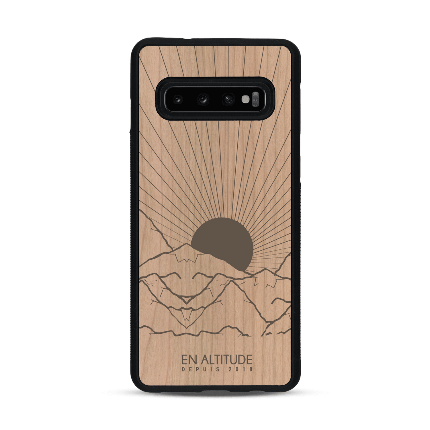 Coque de protection en bois véritable fabriquée en France pour  représentant des montagnes, sur le thème de la randonnée en pleine nature et du trail