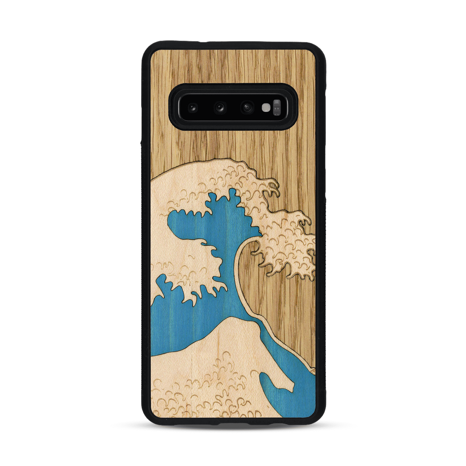 Coque de protection en bois véritable fabriquée en France pour  alliant plusieurs essences de bois pour représenter la célèbre grande vague de Kanagawa