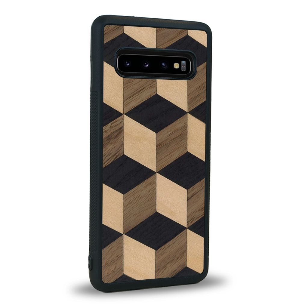 Coque de protection en bois véritable fabriquée en France pour Samsung S10 alliant plusieurs essences de bois pour représenter un classique intemporel de la marqueterie