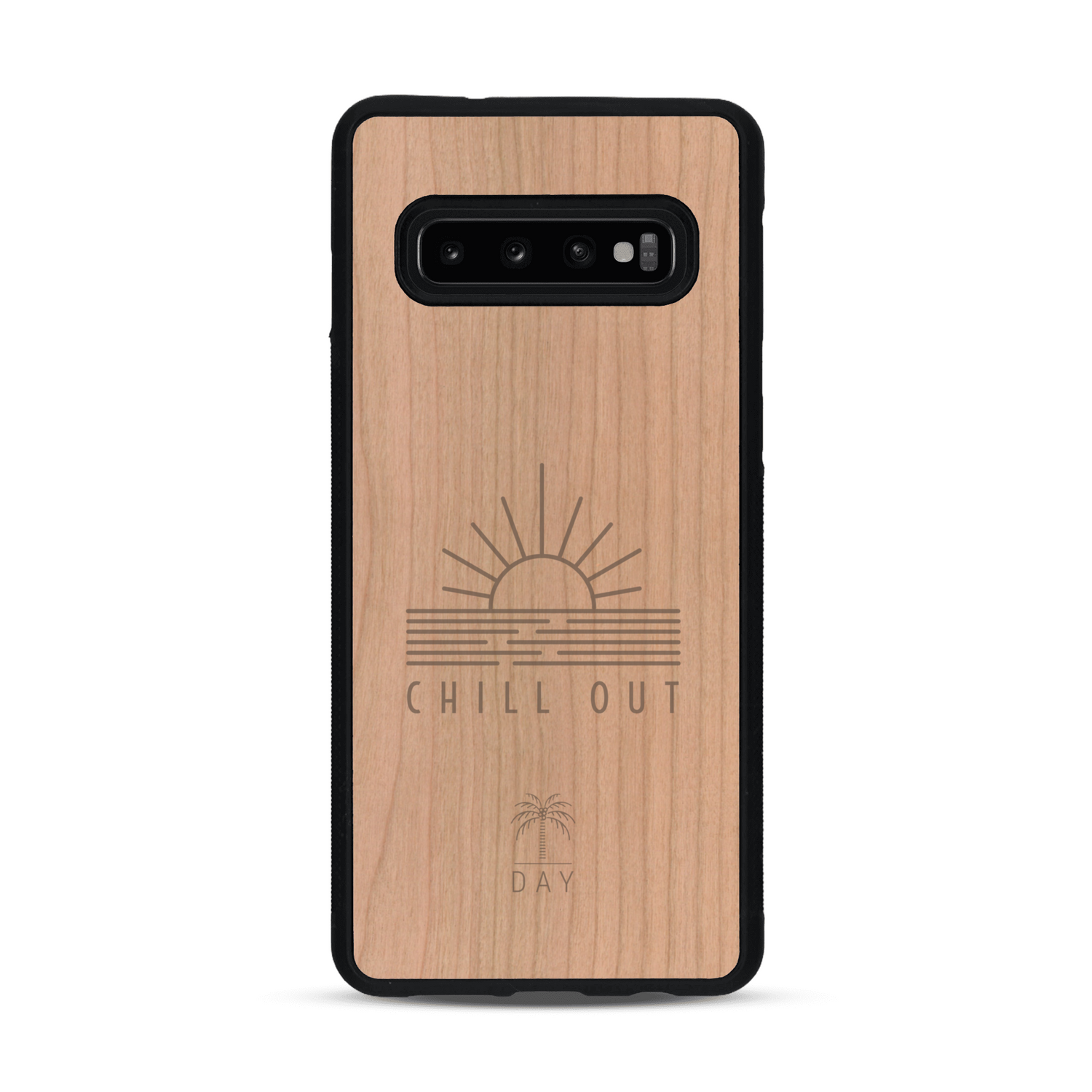 Coque de protection en bois véritable fabriquée en France pour  sur le thème chill avec un motif représentant un couché de soleil sur l'océan et la phrase "Chill out"