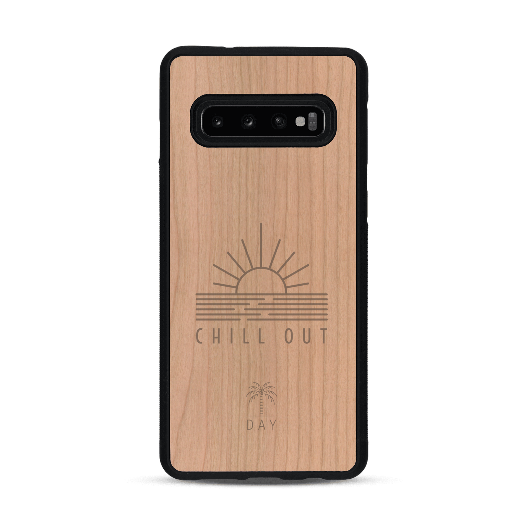 Coque de protection en bois véritable fabriquée en France pour  sur le thème chill avec un motif représentant un couché de soleil sur l'océan et la phrase "Chill out"