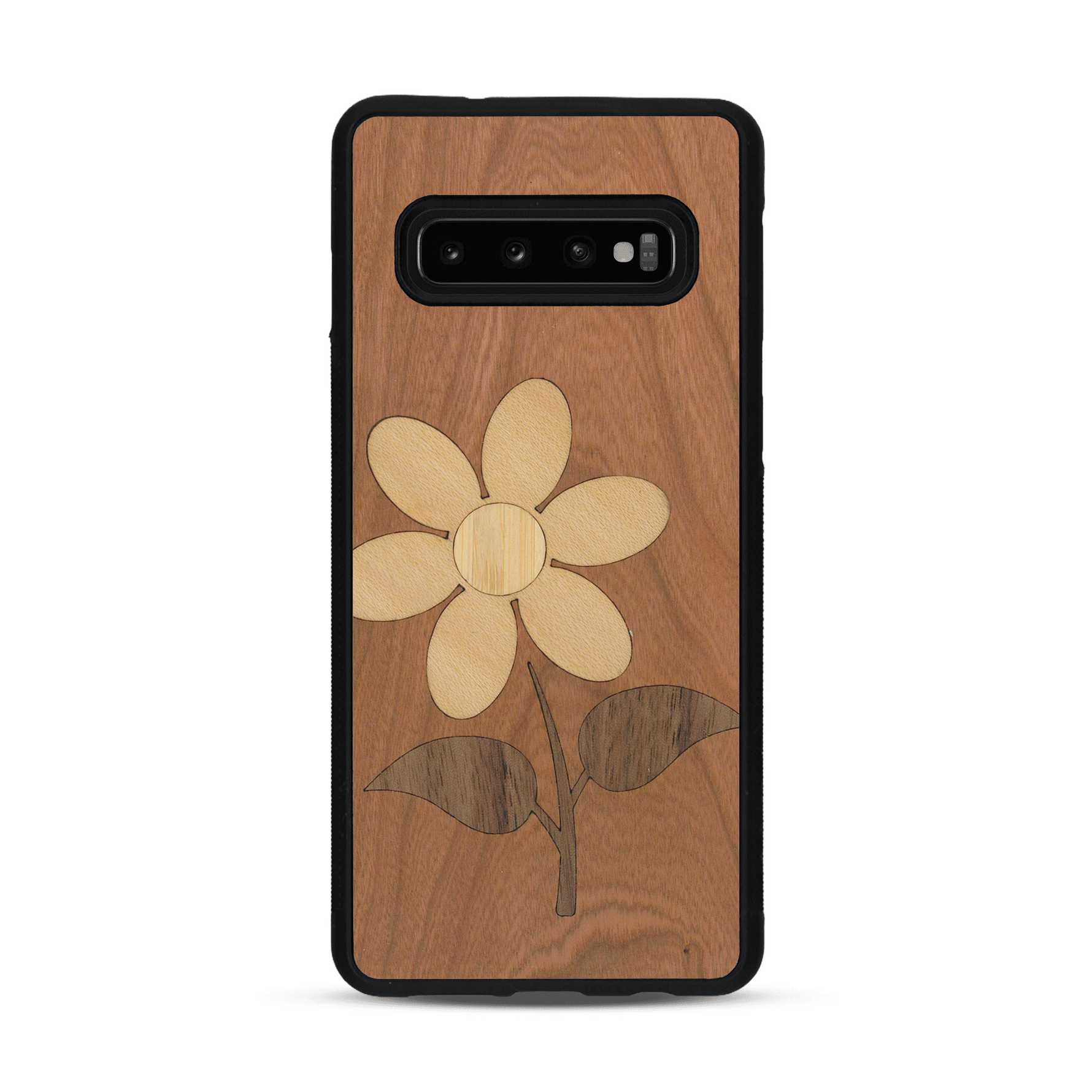 Coque de protection en bois véritable fabriquée en France pour  alliant plusieurs essences de bois pour représenter une marguerite