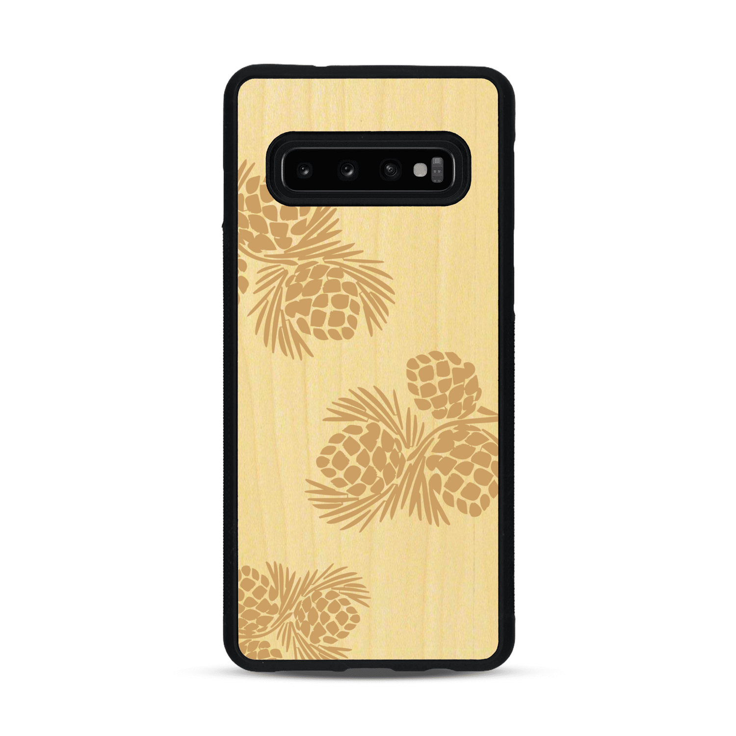 Coque de protection en bois véritable fabriquée en France pour  sur le thème de la nature des arbres avec un motif de gravure représentant des épines de sapin et des pommes de pin