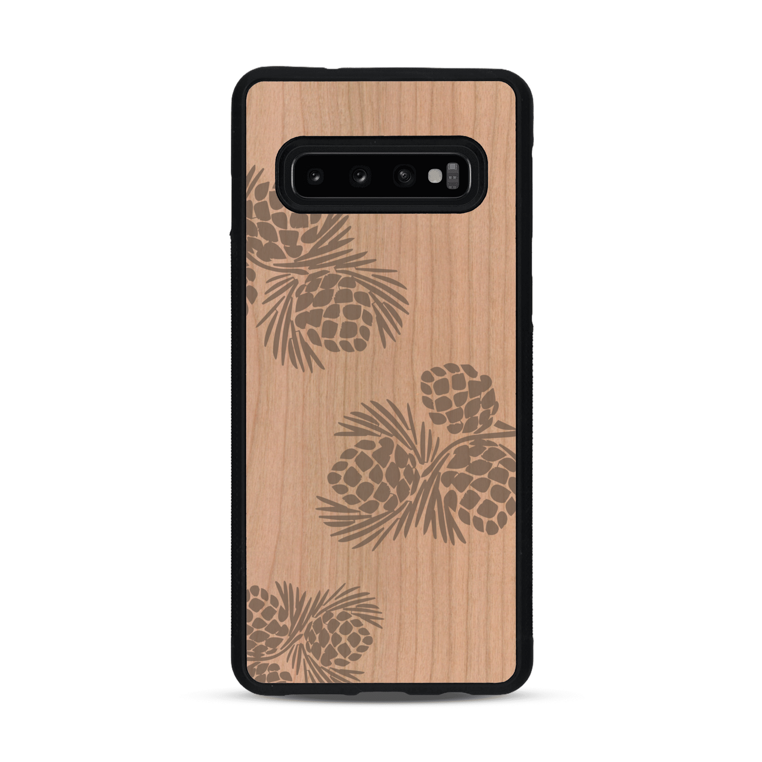 Coque de protection en bois véritable fabriquée en France pour  sur le thème de la nature des arbres avec un motif de gravure représentant des épines de sapin et des pommes de pin