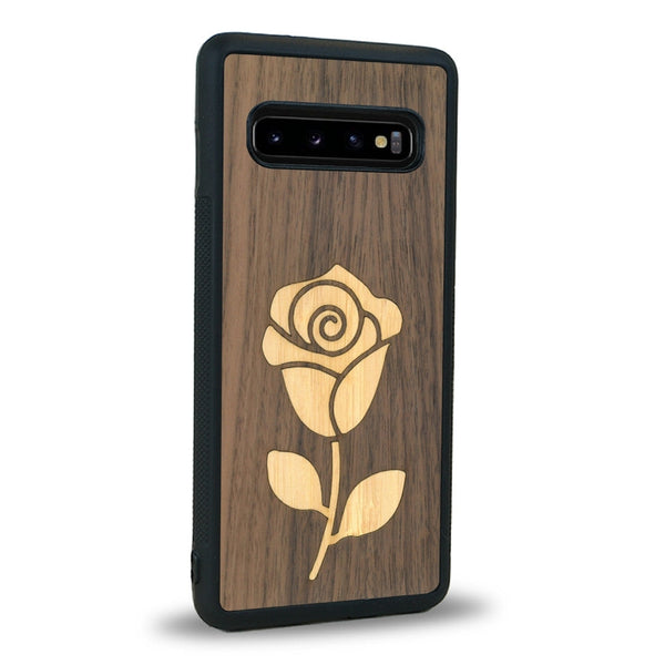 Coque de protection en bois véritable fabriquée en France pour Samsung S10 alliant plusieurs essences de bois pour représenter une rose