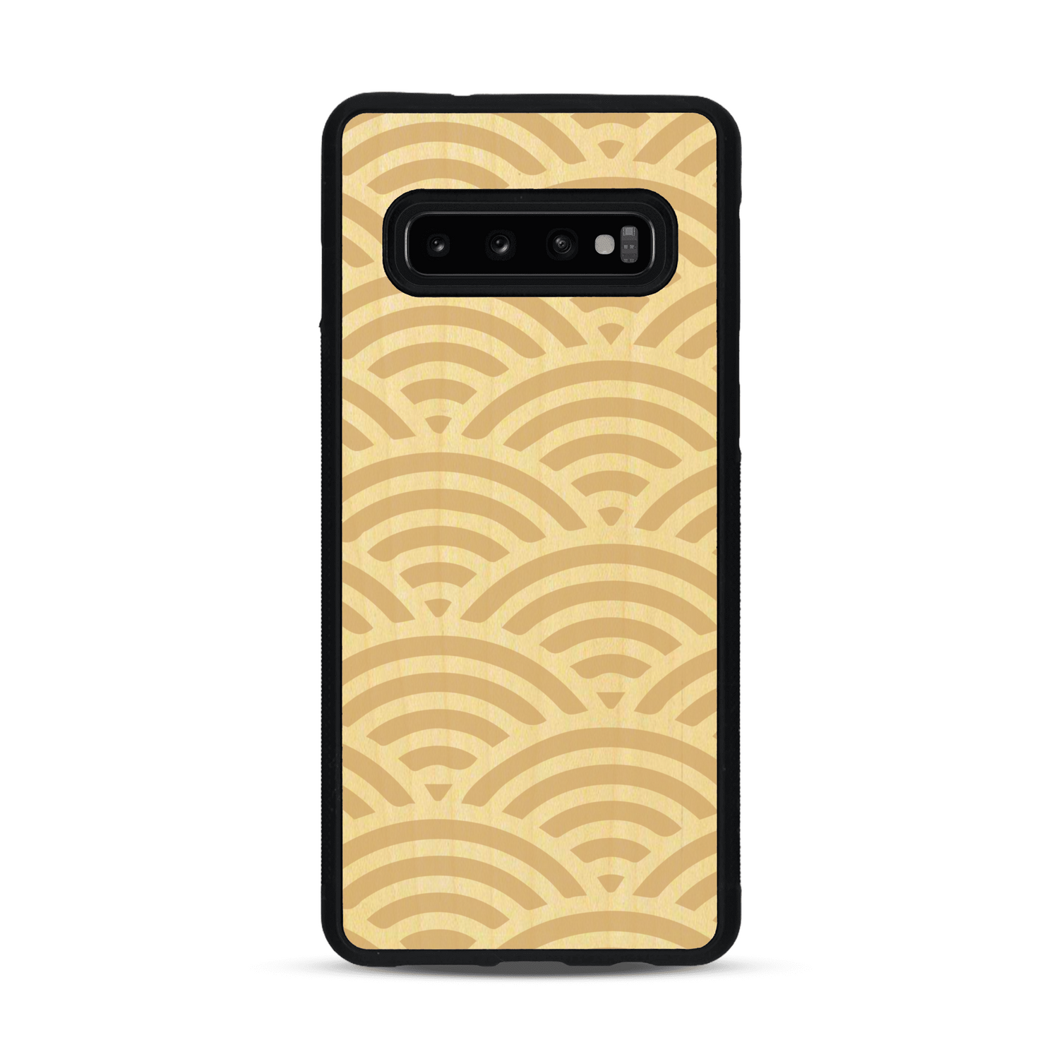 Coque de protection en bois véritable fabriquée en France pour  baptisée "La Sinjak" avec un motif de gravure abstrait représentant la répétition d'un symbole wifi